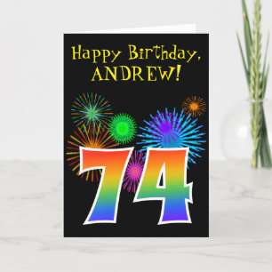 Fun Fireworks + Rainbow Pattern "74" Birthday # Card