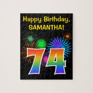 Fun Fireworks + Rainbow Pattern "74" Birthday # Jigsaw Puzzle