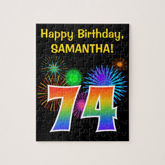 Fun Fireworks + Rainbow Pattern "74" Birthday # Jigsaw Puzzle (Vertical)