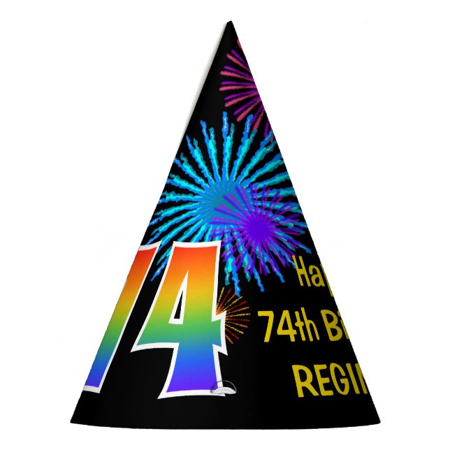 Fun Fireworks + Rainbow Pattern "74" Birthday # Party Hat (Left)