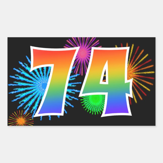 Fun Fireworks + Rainbow Pattern "74" Event Number Sticker (Front)