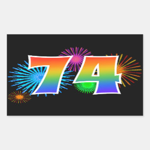Fun Fireworks + Rainbow Pattern "74" Event Number Sticker