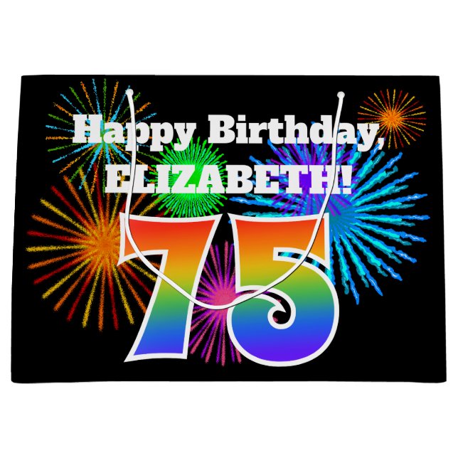 Fun Fireworks + Rainbow Pattern "75" Birthday # Large Gift Bag (Front)