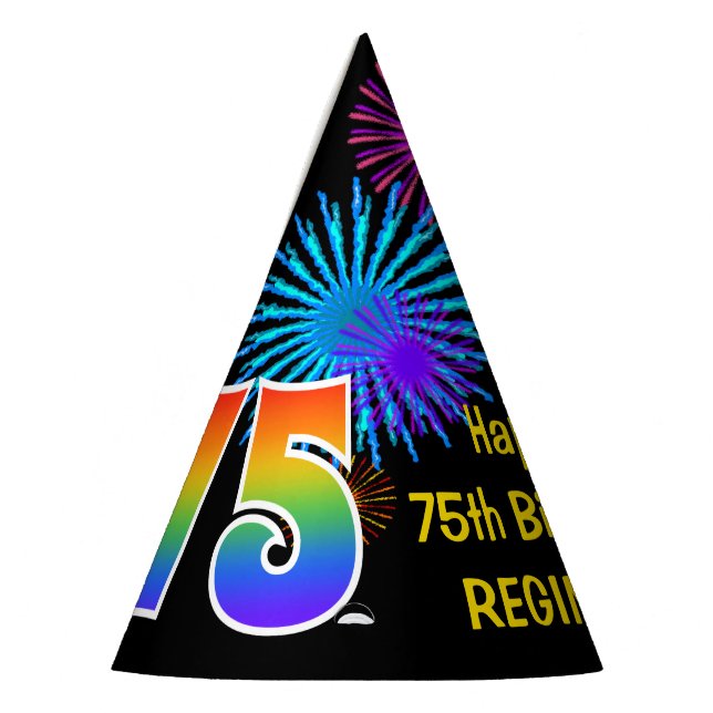 Fun Fireworks + Rainbow Pattern "75" Birthday # Party Hat (Left)