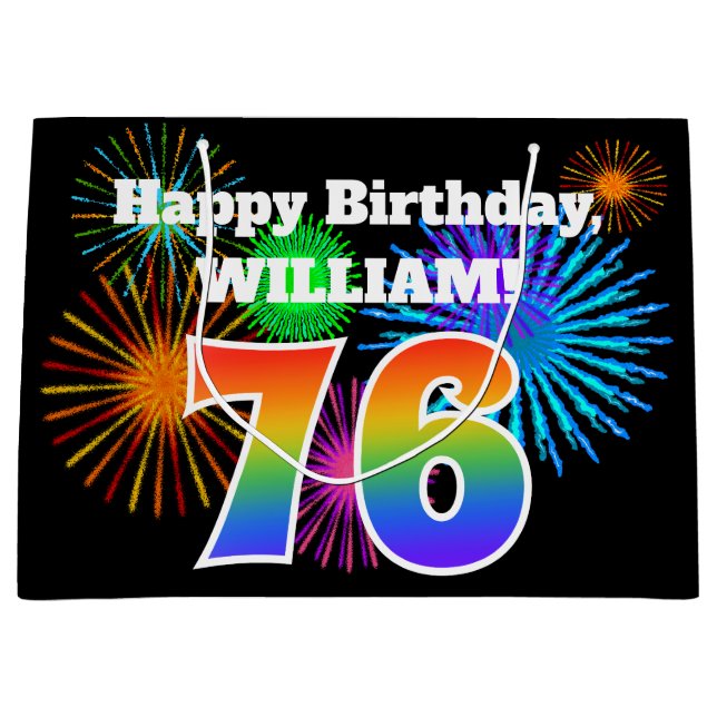 Fun Fireworks + Rainbow Pattern "76" Birthday # Large Gift Bag (Front)