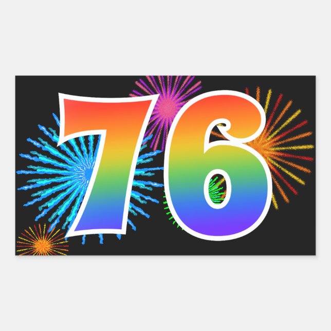 Fun Fireworks + Rainbow Pattern "76" Event Number Sticker (Front)