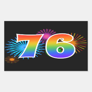 Fun Fireworks + Rainbow Pattern "76" Event Number Sticker