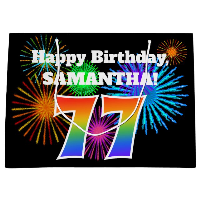 Fun Fireworks + Rainbow Pattern "77" Birthday # Large Gift Bag (Front)