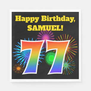 Fun Fireworks + Rainbow Pattern "77" Birthday # Napkin