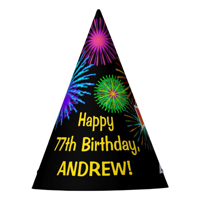 Fun Fireworks + Rainbow Pattern "77" Birthday # Party Hat (Front)
