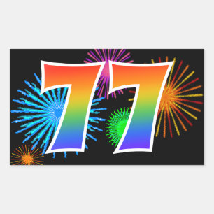 Fun Fireworks + Rainbow Pattern "77" Event Number Sticker