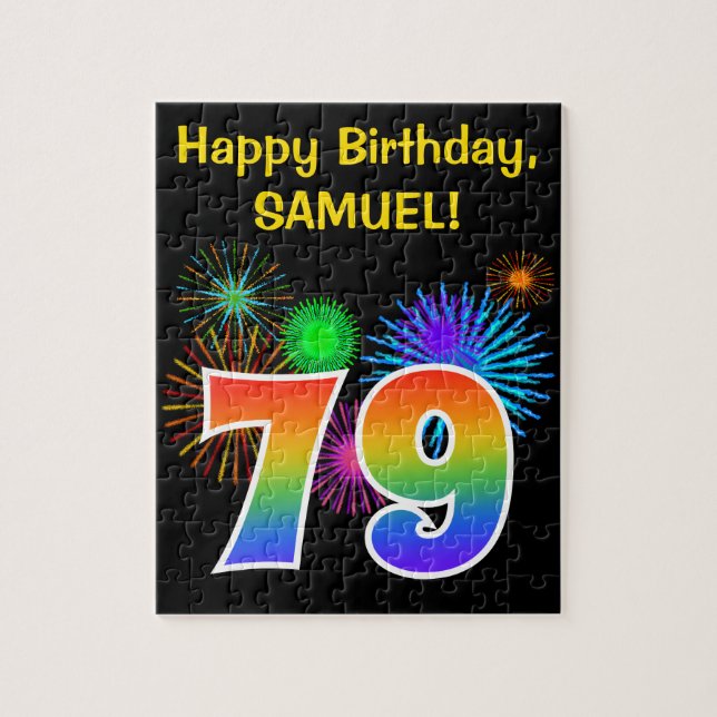 Fun Fireworks + Rainbow Pattern "79" Birthday # Jigsaw Puzzle (Vertical)