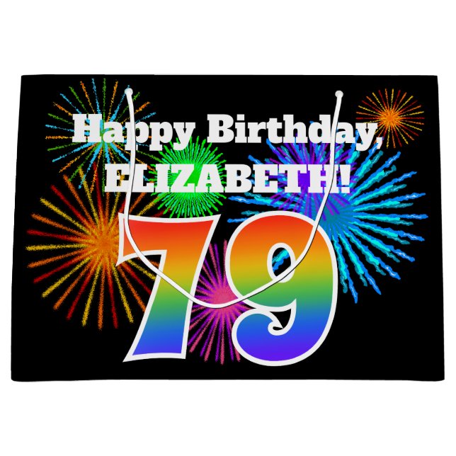 Fun Fireworks + Rainbow Pattern "79" Birthday # Large Gift Bag (Front)