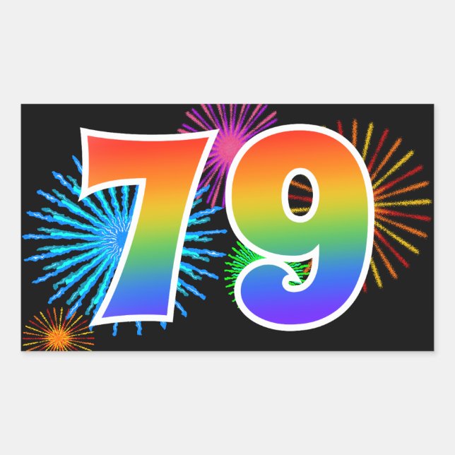 Fun Fireworks + Rainbow Pattern "79" Event Number Sticker (Front)