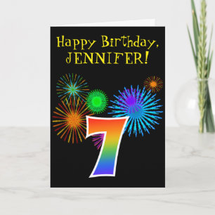 Fun Fireworks + Rainbow Pattern "7" Birthday # Card