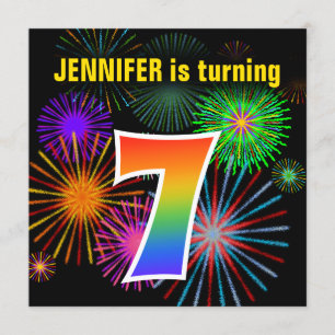 Fun Fireworks + Rainbow Pattern "7" Birthday # Invitation