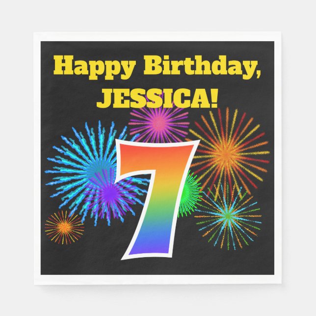 Fun Fireworks + Rainbow Pattern "7" Birthday # Napkin (Front)