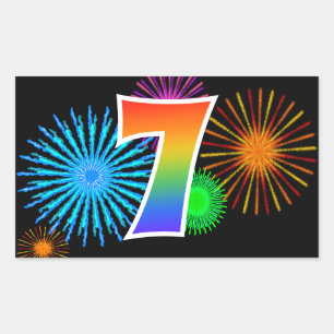 Fun Fireworks + Rainbow Pattern "7" Event Number Sticker