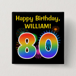Fun Fireworks + Rainbow Pattern "80" Birthday # 2 Inch Square Button