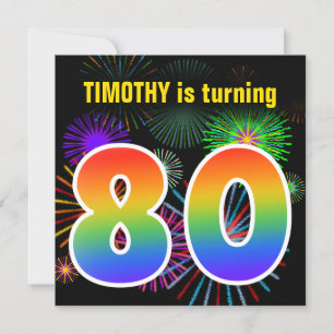 Fun Fireworks + Rainbow Pattern "80" Birthday # Invitation