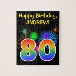 Fun Fireworks + Rainbow Pattern "80" Birthday # Jigsaw Puzzle