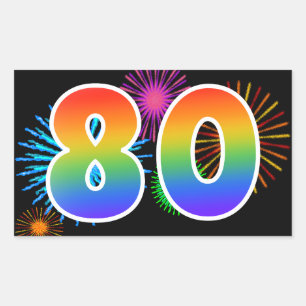 Fun Fireworks + Rainbow Pattern "80" Event Number Sticker