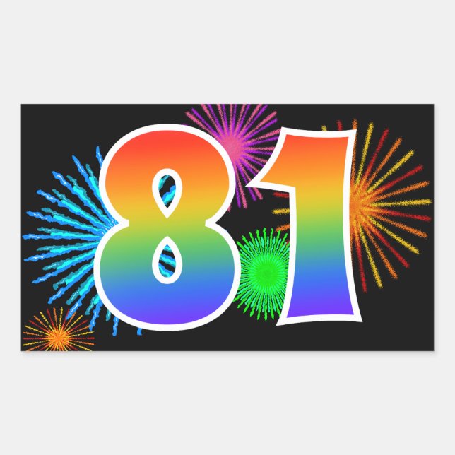 Fun Fireworks + Rainbow Pattern "81" Event Number Sticker (Front)