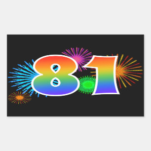 Fun Fireworks + Rainbow Pattern "81" Event Number Sticker