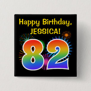 Fun Fireworks + Rainbow Pattern "82" Birthday # 2 Inch Square Button