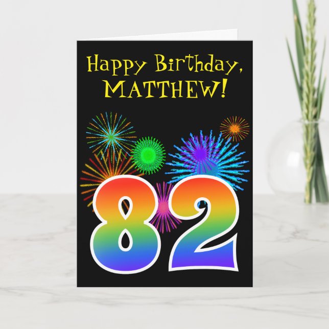 Fun Fireworks + Rainbow Pattern "82" Birthday # Card (Front)