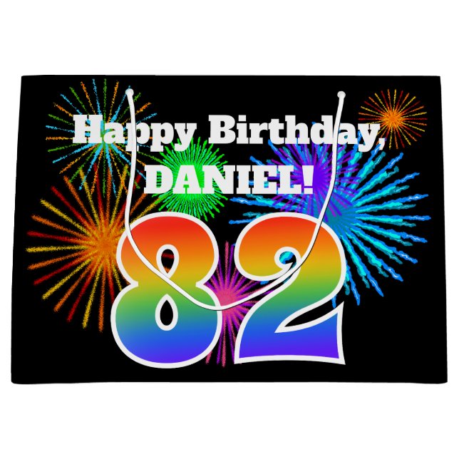Fun Fireworks + Rainbow Pattern "82" Birthday # Large Gift Bag (Front)
