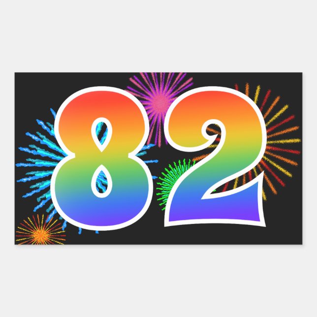 Fun Fireworks + Rainbow Pattern "82" Event Number Sticker (Front)