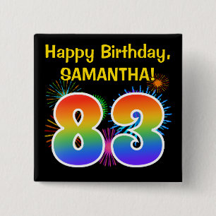 Fun Fireworks + Rainbow Pattern "83" Birthday # 2 Inch Square Button