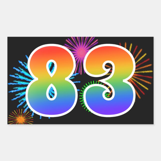 Fun Fireworks + Rainbow Pattern "83" Event Number Sticker (Front)