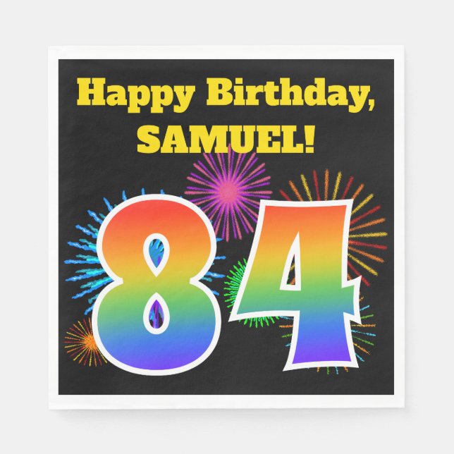 Fun Fireworks + Rainbow Pattern "84" Birthday # Napkin (Front)