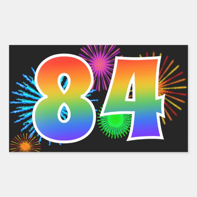 Fun Fireworks + Rainbow Pattern "84" Event Number Sticker (Front)