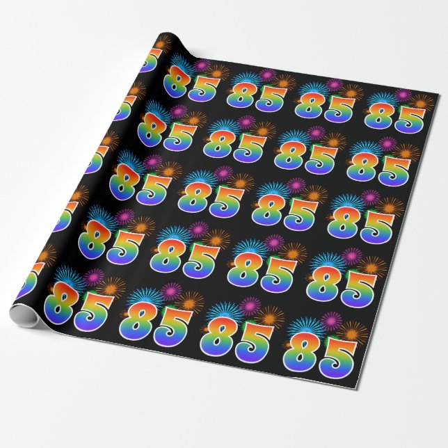 Fun Fireworks + Rainbow Pattern "85" Event Number Wrapping Paper (Unrolled)