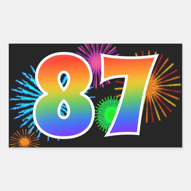 Fun Fireworks + Rainbow Pattern "87" Event Number Sticker (Front)