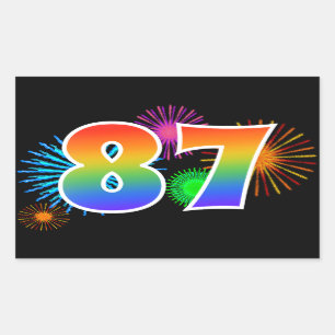 Fun Fireworks + Rainbow Pattern "87" Event Number Sticker