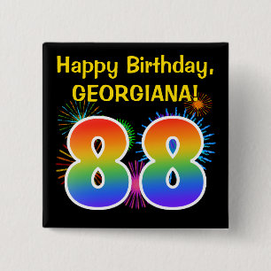 Fun Fireworks + Rainbow Pattern "88" Birthday # 2 Inch Square Button