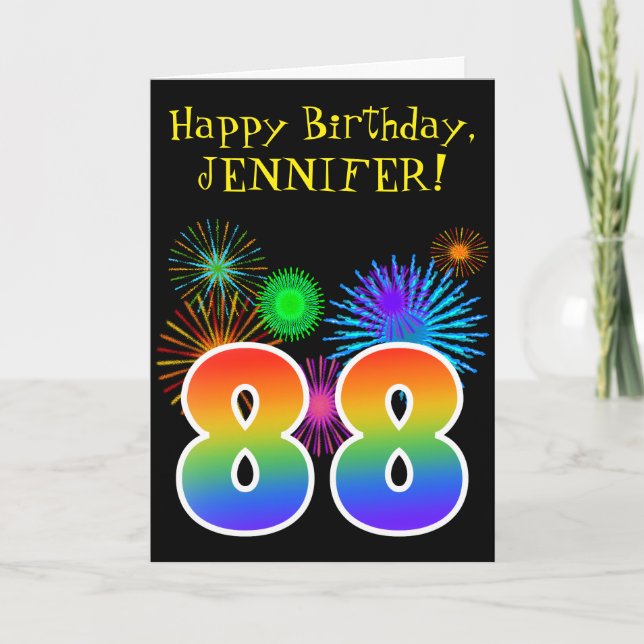 Fun Fireworks + Rainbow Pattern "88" Birthday # Card (Front)
