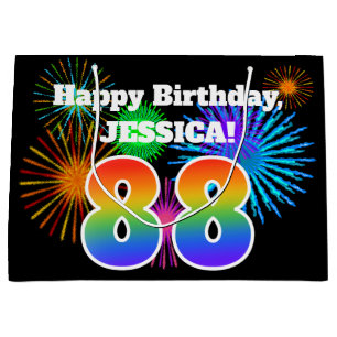 Fun Fireworks + Rainbow Pattern "88" Birthday # Large Gift Bag