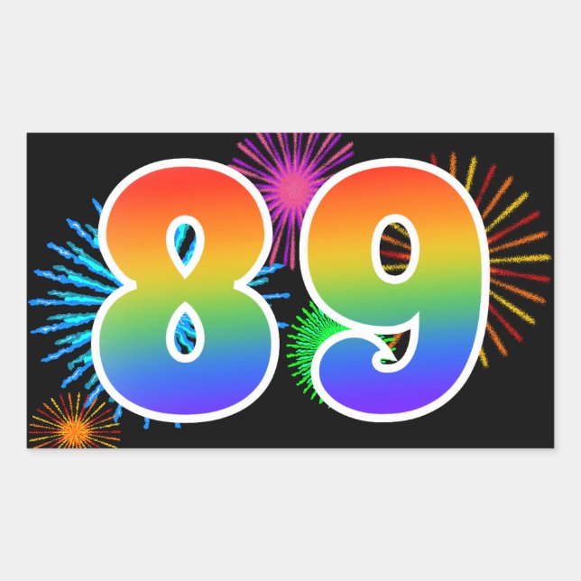 Fun Fireworks + Rainbow Pattern "89" Event Number Sticker (Front)