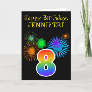 Fun Fireworks + Rainbow Pattern "8" Birthday # Card