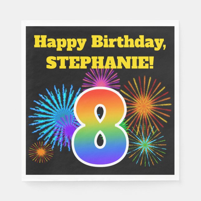 Fun Fireworks + Rainbow Pattern "8" Birthday # Napkin (Front)