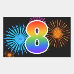 Fun Fireworks + Rainbow Pattern "8" Event Number Sticker