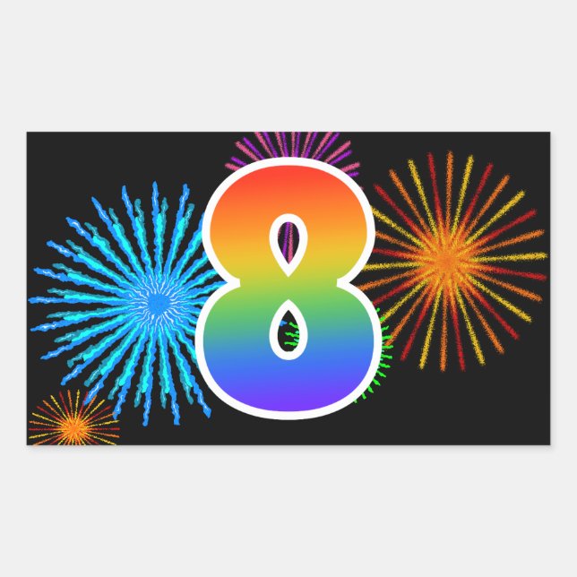 Fun Fireworks + Rainbow Pattern "8" Event Number Sticker (Front)