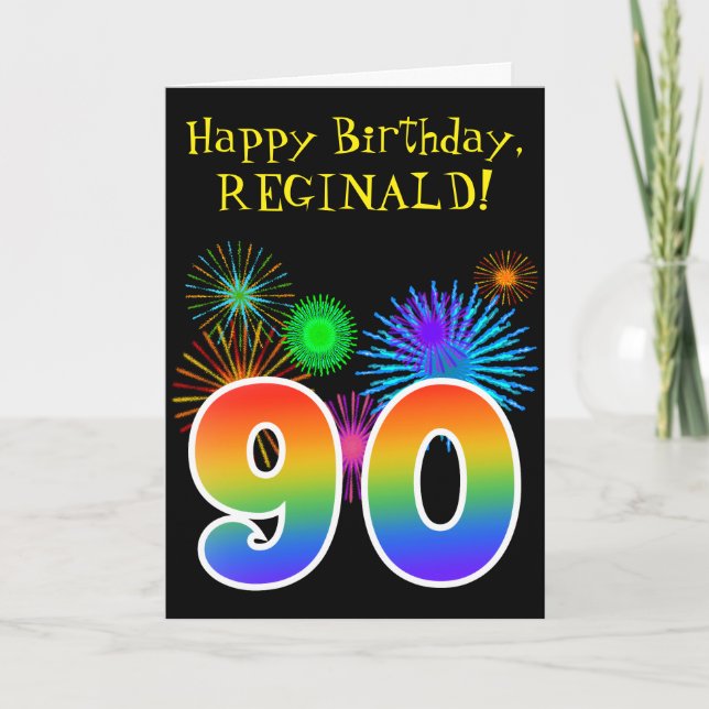 Fun Fireworks + Rainbow Pattern "90" Birthday # Card (Front)