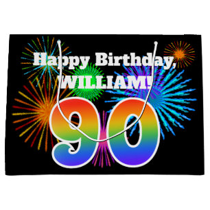 Fun Fireworks + Rainbow Pattern "90" Birthday # Large Gift Bag