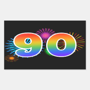 Fun Fireworks + Rainbow Pattern "90" Event Number Sticker